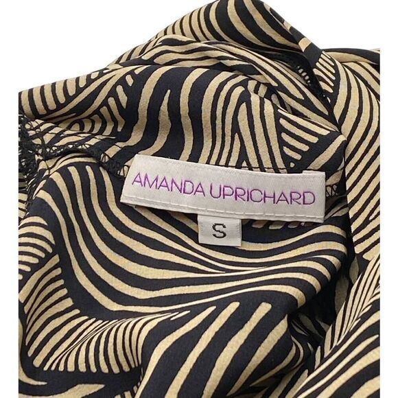 Amanda Uprichard Faux Wrap Silk Mini Dress 3/4 Sleeve Geometric Black Tan Small - Picture 9 of 10